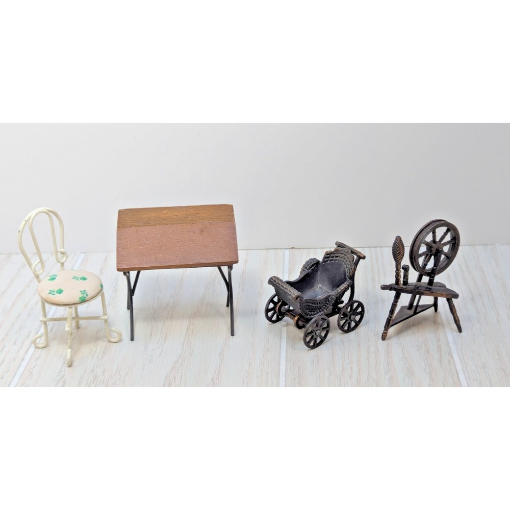 Vintage Dollhouse Furniture Wood desk Durham miniature carriage spinning wheel
